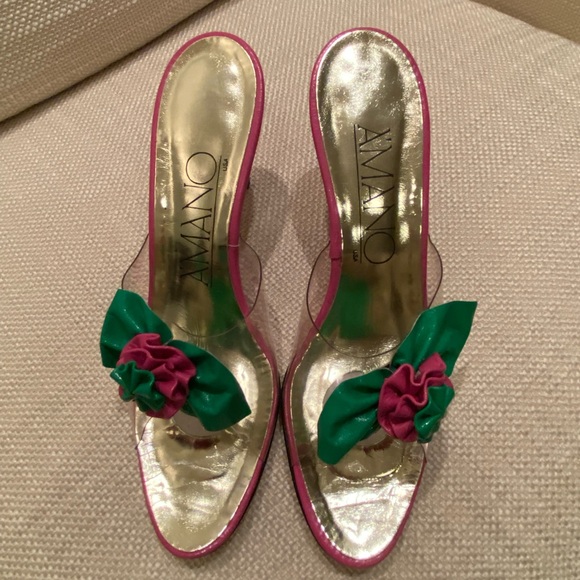 Amano Vintage Handmade Hot Pink Green Flower Clear Slide w H Pink Heel / Size 9N - Picture 2 of 16